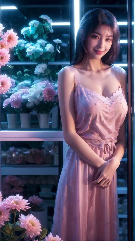 (masterpiece:1.35),(Master photography:1.35),(Bust photo:1.3),(Beautiful and delicate girl:1.3),(grace:1.15),(smile:1.1),(pink dress:1.3),(Shop window:1.2),(long black hair:1.2),(Splendid flowers:1.1),Indoor,(Florist at night:1.2),Perfect breasts.,(Volume light:1.15),(Ray tracing:1.3),(best quality,8k,UHD :1.1),<lora:Florist at night馨è¯è±åº_v1.0:0.68>,