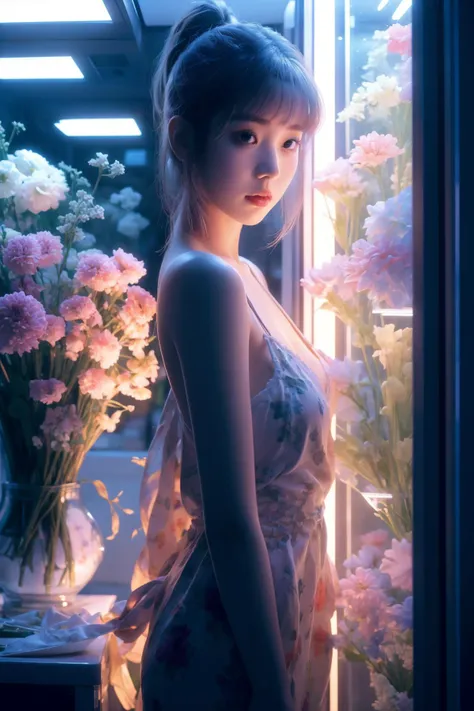 <lora:Florist at night_20231013231240:0.7>, Florist at night, best quality, masterpiece, illustration, (realistic, photo-realistic:1.37), amazing, finely detail, incredibly absurdres, huge filesize, ultra-detailed, highres, extremely detailed CG unity 8k wallpaper, ray tracing, nsfw, nude, 1girl, large breasts, A young Korean woman is working in a flower shop at night. The shop is lit by fluorescent lights, creating a serene and quiet atmosphere. The woman is bending over, arranging flowers in a vase. Her hair is tied up in a ponytail, and her face is illuminated by the soft light. Her skin is smooth and pale, and her curves are accentuated by the soft light. She has an ample bosom and toned legs that are revealed as she is wearing no clothes. Her ponytailed hair leaves her shoulders bare. She focuses on arranging flowers in a vase on the counter.
