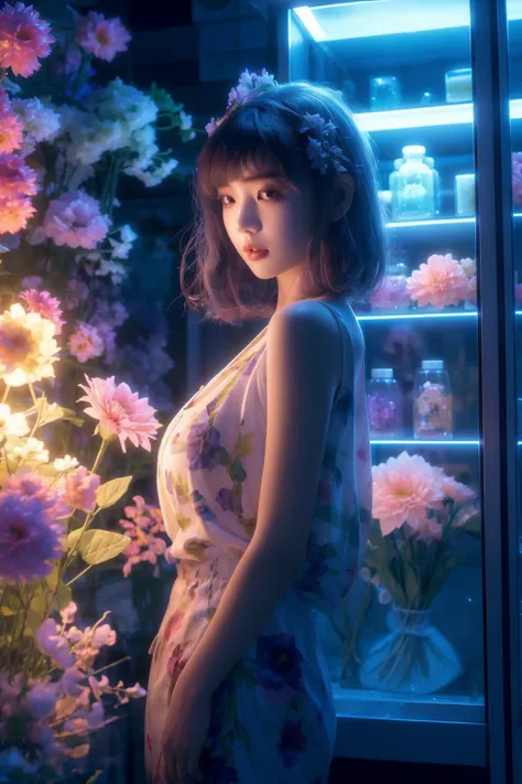 <lora:Florist at night_20231013231240:0.8>, Florist at night, best quality, masterpiece, illustration, (realistic, photo-realistic:1.37), amazing, finely detail, incredibly absurdres, huge filesize, ultra-detailed, highres, extremely detailed CG unity 8k wallpaper, ray tracing, nsfw, nude, 1girl, medium breasts, A young korean woman in a short-sleeved shirt and a short skirt is working in a flower shop at night. The shop is lit by fluorescent lights, creating a serene and quiet atmosphere. The woman is standing behind the counter, looking out the window at the city lights. She is wearing a flower crown in her hair, and her face is illuminated by the soft light.