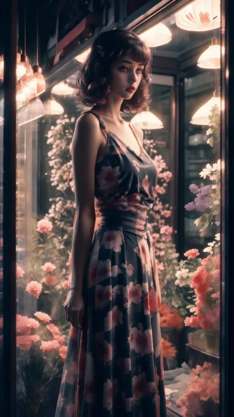 (Master photography:1.4),Full-body photo,(Beautiful and delicate girl:1.2),Beautiful and delicate eyes,Printed skirt,Sweet,serene visuals,Florist at night,Shop window,Quiet,Indoors,Flowers,(Hasselblad:1.2),ray tracing,Close-up,(textured skin:1.3),(UHD:1.1),8k,<lora:Florist at night_20231013231240-000020:0.67>,<lora:è±æ ·å¹´å_v1.0:0.55>,