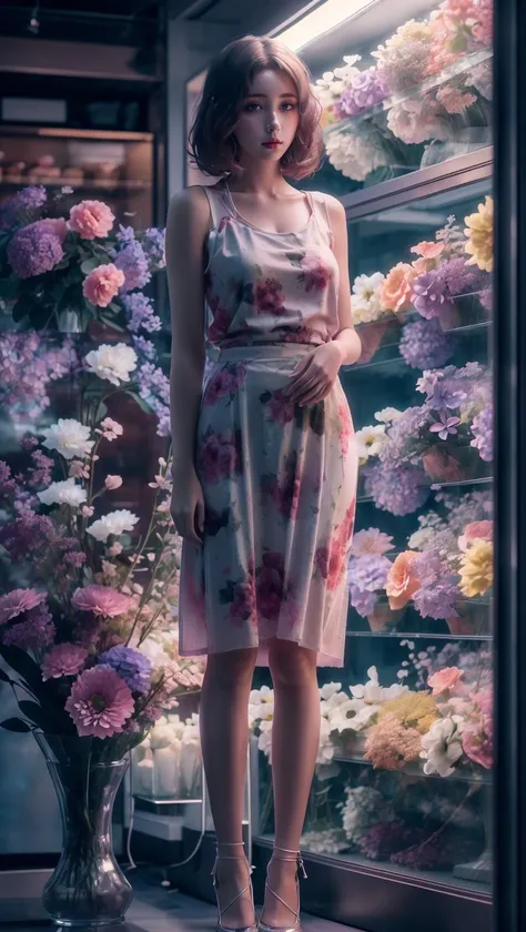 (Master photography:1.4),Full-body photo,(Beautiful and delicate girl:1.2),Beautiful and delicate eyes,Printed skirt,Sweet,serene visuals,Florist at night,Shop window,Quiet,Indoors,Flowers,(Hasselblad:1.2),ray tracing,Close-up,(textured skin:1.3),(UHD:1.1),8k,<lora:Florist at night_20231013231240-000020:0.67>,