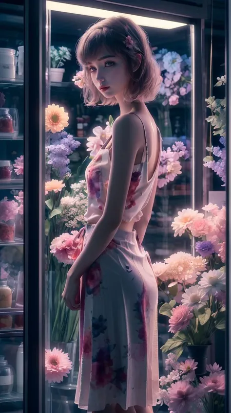 (Master photography:1.4),Full-body photo,(Beautiful and delicate girl:1.2),Beautiful and delicate eyes,Printed skirt,Sweet,serene visuals,Florist at night,Shop window,Quiet,Indoors,Flowers,(Hasselblad:1.2),ray tracing,Close-up,(textured skin:1.3),(UHD:1.1),8k,<lora:Florist at night_20231013231240-000020:0.67>,