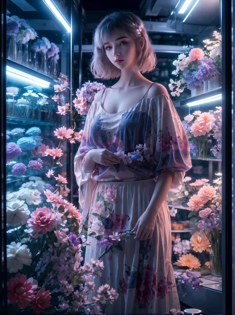 (Master photography:1.4),(Beautiful and delicate girl:1.2),Beautiful and delicate eyes,serene visuals,Wearing a broken flower skirt,Florist at night,Shop window,Flowers in full bloom,Quiet,(textured skin:1.3),(Hasselblad:1.2),ray tracing,(UHD:1.1),8k,<lora:Florist at night_20231013231240-000020:0.73>,
