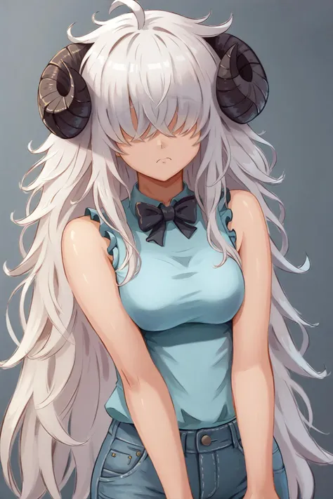 score_9, score_7_up BREAK <lora:miraihikari:1> 1girl, white hair, very long hair, hair over eyes, facing the viewer, sheep horns, sad, thumbs up, ahoge, messy hair, sleeveless, light blue shirt, bowtie, frills, jeans