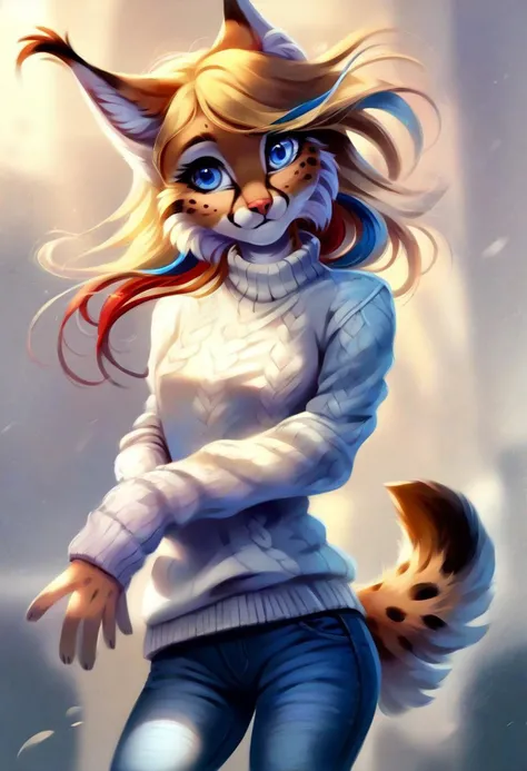 digital_media_(artwork) hi_res, score_9, score_8_up, score_7_up, score_6_up, score_5_up, score_4_up, rating_safe, anthro, furry, female, furry female, detailed textured fur, fur tufts, lynx, slim, slender, small breasts, cute, sweater, denim jeans, multicolor hair, streaked hair, red hair, blue hair, blonde hair, blonde fur, detailed blue eyes, smile, solo, SFW,