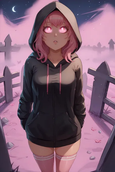 score_9, score_7_up BREAK <lora:miraihikari:1> 1girl, black hoodie, graveyard, pink glow, hood up, pink eyes, glowing eyes, hands to the sides, looking up, dark, night, cowboy shot, pink fog, thighhighs