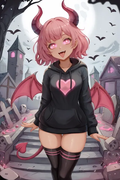 score_9, score_7_up BREAK <lora:miraihikari:1> 1girl, black hoodie, graveyard, pink glow, pink eyes, glowing eyes, pink hair, medium hair, horns, demon wings, demon tail, tongue out, pink wings, black thighhighs, bodice