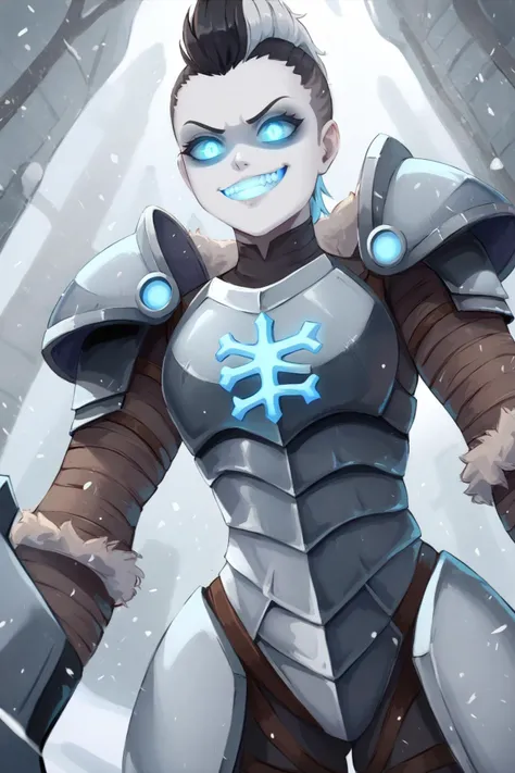 score_9, score_7_up BREAK <lora:miraihikari:1> 1girl, solo, white skin, multicolored hair, armor, shaded face, white hair, black hair, blue hair, bone armor, mohawk, grin, glowing mouth, glowing eyes, snow, winter, from below
