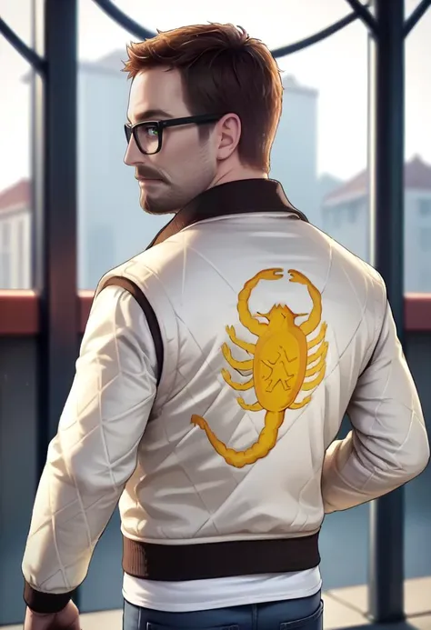 score_9, score_8_up, score_7_up, source_anime, realistic BREAK 1boy, solo, male focus, <lora:gordonfreeman-hl-richy-v1_pdxl:0.9> gordonfreeman, brown hair, short hair, facial hair, green eyes, glasses,  <lora:drivejacket-outfit-richy-v1_pdxl:1> print jacket, white jacket, from behind, jeans, looking back, looking at viewer, from side