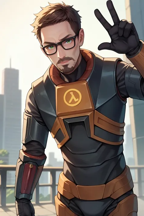 score_9, score_8_up, score_7_up, score_6_up, source_anime, 1boy, male focus, solo BREAK <lora:gordonfreeman-hl-richy-v1_pdxl:1> gordonfreeman, brown hair, short hair, facial hair, glasses, green eyes, power armor, three fingers, peace sign, waving, raised hand, city, looking at you, expressionless, hand up, beard