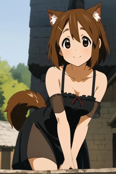 ((masterpiece)), <lora:hirasawa-yui-v1.0:0.7>, hirasawa yui, 1girl, breasts, (smiling:0.7) face, short body, short brown hair, looking at the viwer, wolf ears, wolf tail, tight medieval black transparent summerdress (see through:0.9), deep neckline, medieval outdoors, complex background, (closeup:0.8)