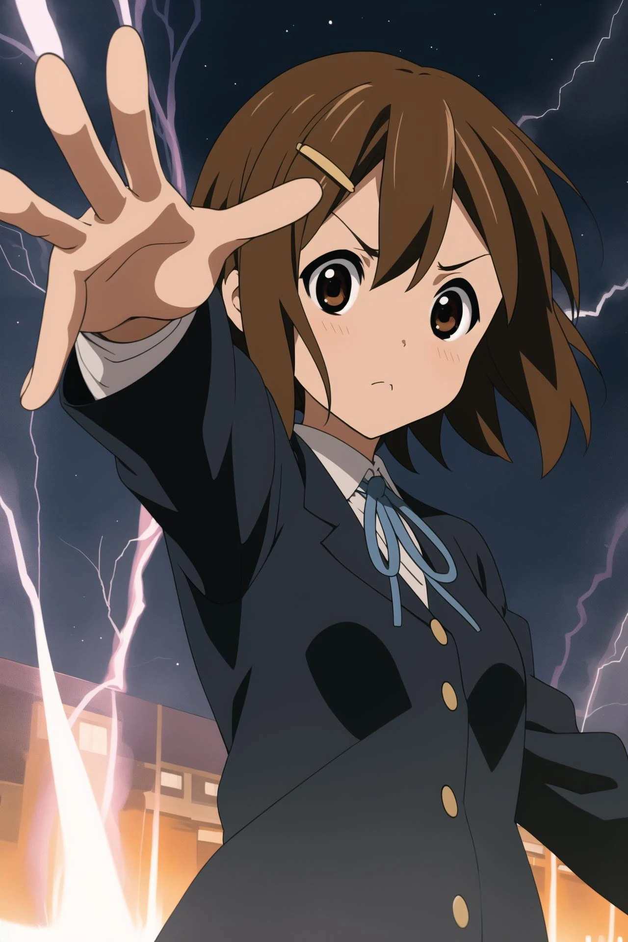 ((masterpiece)), <lora:hirasawa-yui-v1.0:0.6>, hirasawa yui, 1girl, small breasts, serious (funny:0.7) face, short body, short brown hair, sakuragaoka high school uniform, outstretched hand, casting spell, blue energy, (closeup:0.8), outdoors, night, thunder, complex background