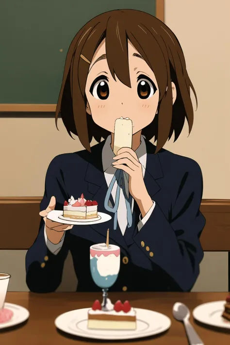 ((masterpiece)), <lora:hirasawa-yui-v1.0:0.7>, hirasawa yui, 1girl, breasts, short body, short brown hair, sakuragaoka high school uniform, eating piece of cake, school indoors, complex background