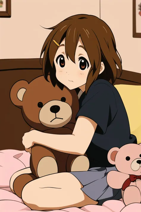 ((masterpiece)), <lora:hirasawa-yui-v1.0:0.7>, hirasawa yui, 1girl, small breasts, short body, short brown hair, sitting on the bed, hugging a teddy bear, bedroom, (closeup:0.8), complex background