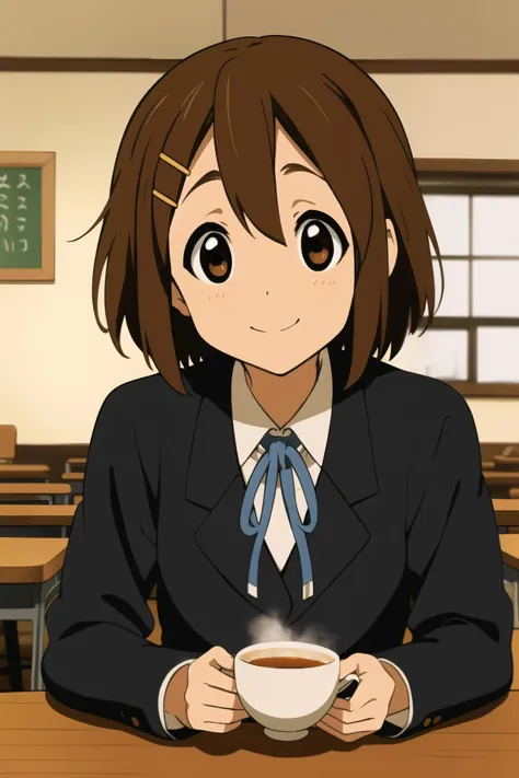 ((masterpiece)), <lora:hirasawa-yui-v1.0:0.7>, hirasawa yui, 1girl, smiling, short body, short brown hair, school uniform, sitting at the table, holding a cup of tea, school, indoors, closeup