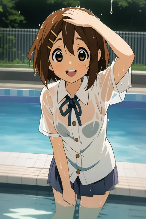 ((masterpiece)), <lora:hirasawa-yui-v1.0:0.7>, hirasawa yui, 1girl, smiling with opened mouth, small breasts, short body, short brown hair, hands over head, sakuragaoka high school uniform, leaning to the viewer, inthe pool, in the water, (soaked wet, see through:1.1), (closeup:0.8), complex background