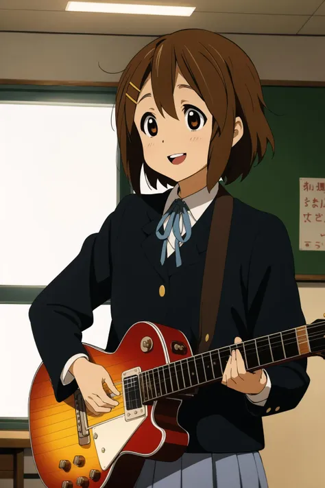 ((masterpiece)), <lora:hirasawa-yui-v1.0:0.7>, hirasawa yui, 1girl, smile (enthusiastic:0.7) face, opened mouth, short body, short brown hair, brown eyes, sakuragaoka high school uniform, playing a guitar, electric guitar, looking away, school indoors, complex background