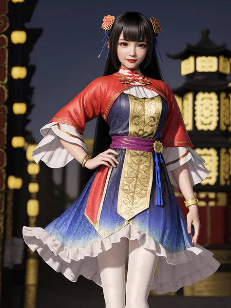 SGWdaqiao, 1girl, solo, black hair, hair ornament, long hair, white pantyhose, looking at viewer, dress, jewelry, bracelet,black eyes, red lips, shoes,belt,chinese clothes,blunt bangs,chinese clothes,mature female, night, hand on hip,  <lora:SGWdaqiao:0.75>,light smile, cityscape, cowboy shot,