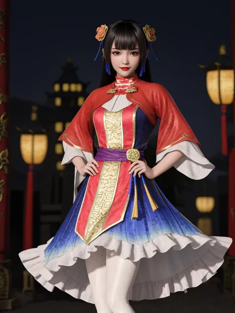 SGWdaqiao, 1girl, solo, black hair, hair ornament, long hair, white pantyhose, looking at viewer, dress, jewelry, bracelet,black eyes, red lips, shoes,belt,chinese clothes,blunt bangs,chinese clothes,mature female, night, hand on hip, <lora:SGWdaqiao:0.75>,light smile, cityscape, cowboy shot,
