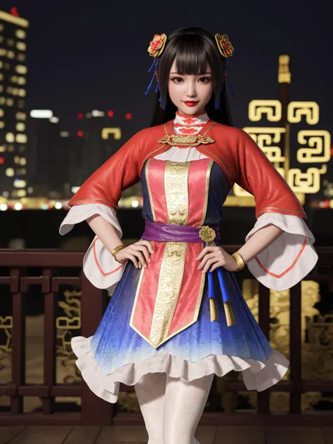 SGWdaqiao, 1girl, solo, black hair, hair ornament, long hair, white pantyhose, looking at viewer, dress, jewelry, bracelet,black eyes, red lips, shoes,belt,chinese clothes,blunt bangs,chinese clothes,mature female, night, hand on hip, <lora:SGWdaqiao:0.75>,light smile, cityscape, cowboy shot,