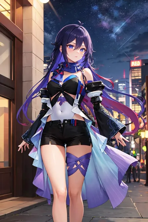 (masterpiece, best quality, beautiful detailed eyes, intricate details), 4k
1girl, solo, outdoors, cityscape, night,  full body,
<lora:seele_hsrv2:1> jeloseele, purple scarf, highleg leotard, detached sleeves, black gloves, short shorts