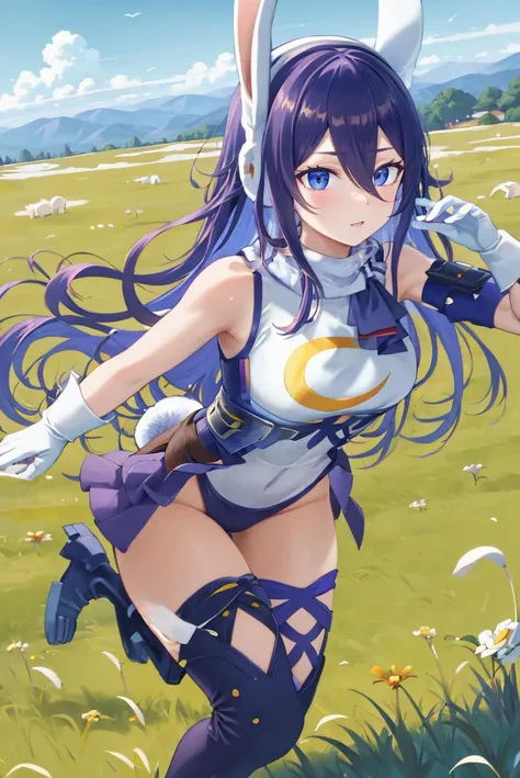 (masterpiece, best quality, beautiful detailed eyes, intricate details), 4k
1girl, solo, outdoors, mountainous horizon, rural, grass
<lora:mirko_cosplay:0.8> mrkcosp, sleeveless turtleneck leotard, (crescent print), white gloves, blue thighhighs, rabbit ears, rabbit tail
<lora:seele_hsrv2:1> jeloseele, purple scarf