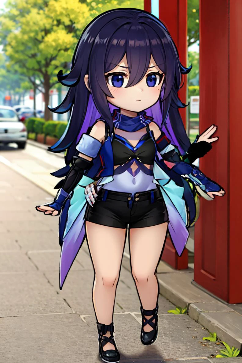 (masterpiece, best quality, beautiful detailed eyes, intricate details), 4k
1girl, solo, outdoors, park, full body,
<lora:seele_hsrv2:1> jeloseele, purple scarf, highleg leotard, detached sleeves, black gloves, short shorts
<lora:PaperMario:0.7> chibi, black eyes