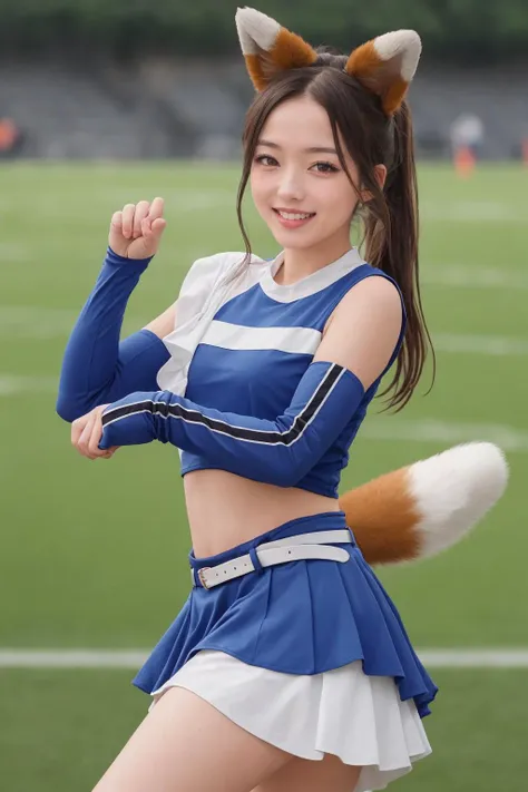 (Masami Nagasawa high kick),(white panties),(shoot from below),
1 girl, solo, cheerleader, perfect hands, open mouth, smile, long hair, blushing, brown hair, ponytail, belt, (fox tail), (fox ears), navel,crop top, blue skirt, pleated skirt, midriff , removable sleeves, elbow gloves, looking at viewer, outdoors, stadium, blurred background,