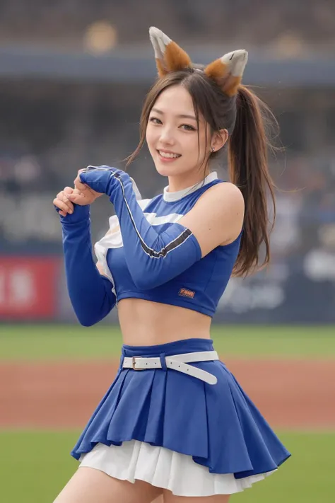 (masutepiece, Best Quality:1.2), What does the fox say, 1girl in, Solo, cheer girl, Perfect hands, Open mouth, Smile, Long hair, huge breasts, deep cleavage, nipples stand, nipple slip, puffy nipples, small areolae, open clothes, see-through clothes, blush, Brown hair, Ponytail, Belt bag, Fox tail, Fox ears, croptop, Blue skirt, Pleated skirt, Midriff, Detached sleeves, elbow groves, Looking at Viewer, Outdoors, Stadium, Blurry background