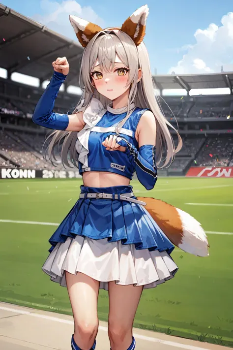 <lora:kitsunedance_v01-14:1.0>, (masterpiece, best quality:1.2), what does the fox say, 1girl, solo, cheerleader, (shy, blush:1.2), perfect hands, long hair, blush, grey hair, expressionless, belt, fox tail, fox ears, crop top, blue skirt, confettis, pleated skirt, midriff, detached sleeves, elbow gloves, facing viewer, outdoors, stadium, blurry background