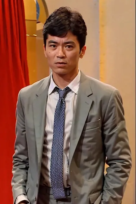 best quality, ultra high res, (photorealistic:1.4),(Grey suit:1.2),masterpiece, blurry background,1boy,standing ,(looking at viewer), <lora:guochang:0.8>