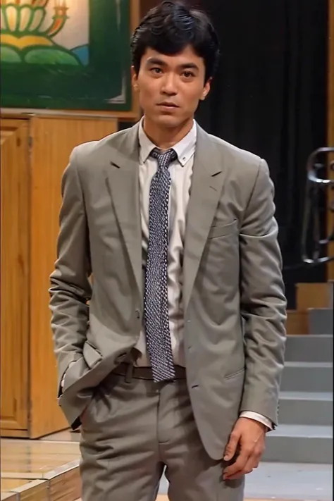 best quality, ultra high res, (photorealistic:1.4),(Grey suit:1.2),masterpiece, blurry background,1boy,standing ,(looking at viewer), <lora:guochang:0.8>