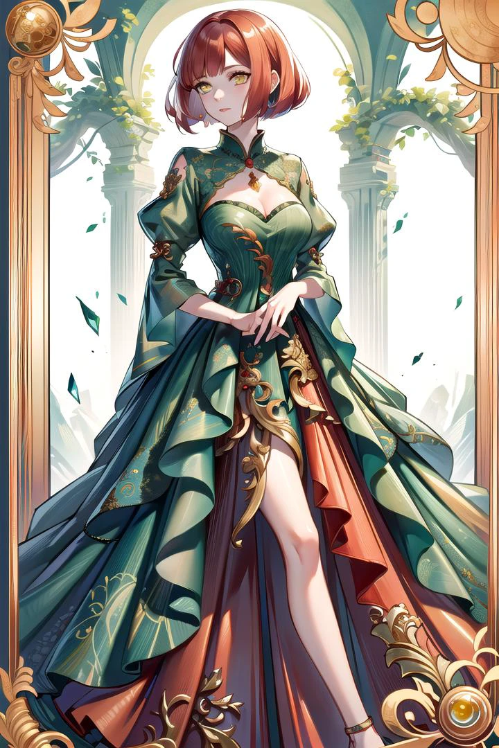 (Highest picture quality), (Master's work), (ultra-detailed), (Detailed eye description:1.2), masterpiece, best quality, 1girl, <lora:CHAR-HarukaNanami:0.8>, HarukaNanami, short hair, red hair, <lora:wrenchjadeluxe:0.8> wrenchjadeluxe, gown