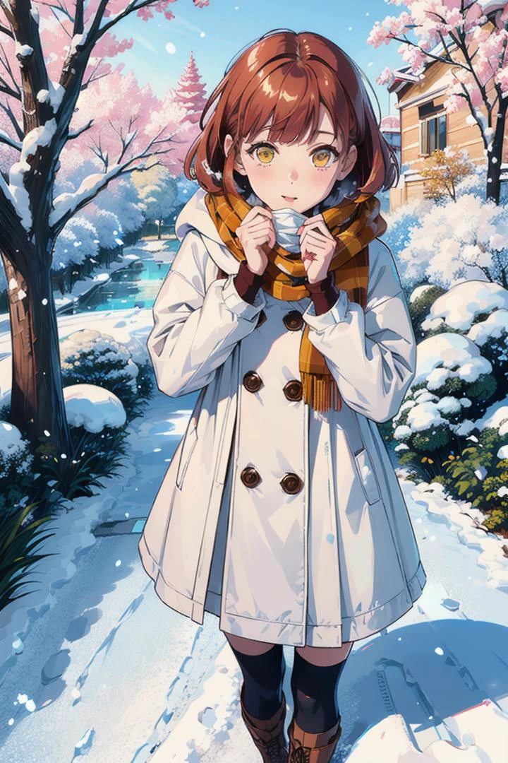 (Highest picture quality), (Master's work), (ultra-detailed), (Detailed eye description:1.2), masterpiece, best quality, 1girl, warm atmosphere, sunny day, <lora:CHAR-HarukaNanami:0.8> HarukaNanami, short hair, looking at viewer, full body, outdoors, male focus, (air kiss:1.3), scarf, coat, brown footwear, snow, snowing, winter clothes