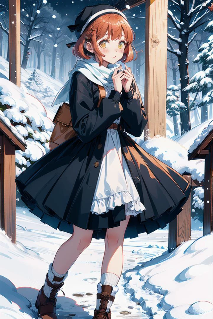 (Highest picture quality), (Master's work), (ultra-detailed), (Detailed eye description:1.2), masterpiece, best quality, 1girl, warm atmosphere, <lora:CHAR-HarukaNanami:0.8> HarukaNanami, short hair, looking at viewer, full body, outdoors, male focus, (air kiss:1.5), scarf, coat, brown footwear, snow, snowing, winter clothes