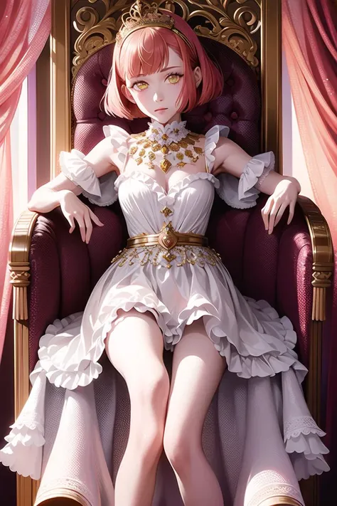 (Highest picture quality), (Master's work), (ultra-detailed), (Detailed eye description:1.2), masterpiece, best quality, extremely delicate and beautiful,beautiful detailed eyes and face,  <lora:HarukaNanami:1>, HarukaNanami, (short hair:1.3), pink dress, embroidery, jewelery,  frills, gloves, pantyhose, small crown, castle, luxurious hall, throne, sitting on the throne, stone room