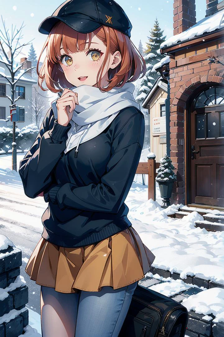 (Highest picture quality), (Master's work), (ultra-detailed), (Detailed eye description:1.2), masterpiece, best quality, 1girl, warm atmosphere, sunny day, <lora:CHAR-HarukaNanami:0.8> HarukaNanami, short hair, hoody, cap, jeans, looking at viewer, full body, :d, outdoors, male focus, air kiss, scarf, coat, brown footwear, own hands together, wink, snow, snowing, winter clothes