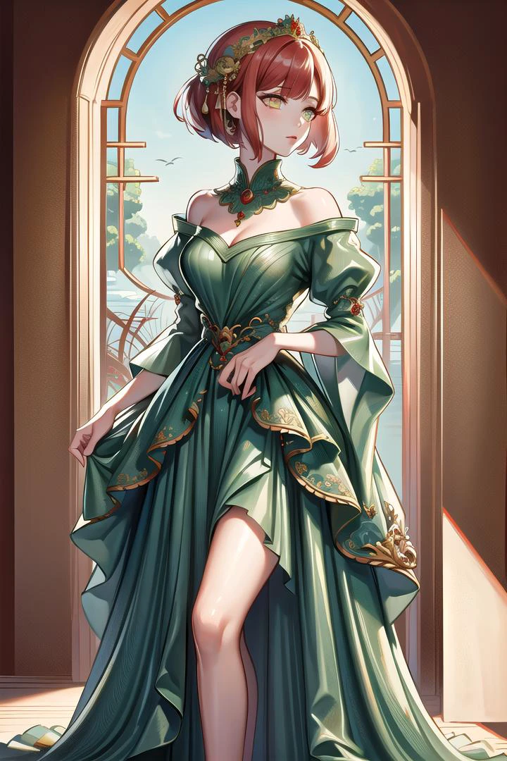 (Highest picture quality), (Master's work), (ultra-detailed), (Detailed eye description:1.2), masterpiece, best quality, 1girl, <lora:CHAR-HarukaNanami:0.8>, HarukaNanami, short hair, red hair, <lora:wrenchjadeluxe:0.8> wrenchjadeluxe, gown