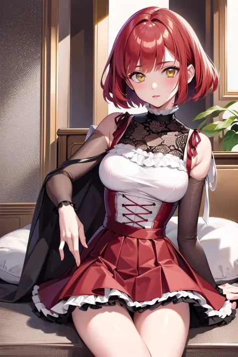 (Highest picture quality), (Master's work), (ultra-detailed), (Detailed eye description:1.2), masterpiece, best quality, 1girl, <lora:CHAR-HarukaNanami:0.8>, HarukaNanami, short hair, red hair, <lora:microdress_v0.2:0.8> microdress