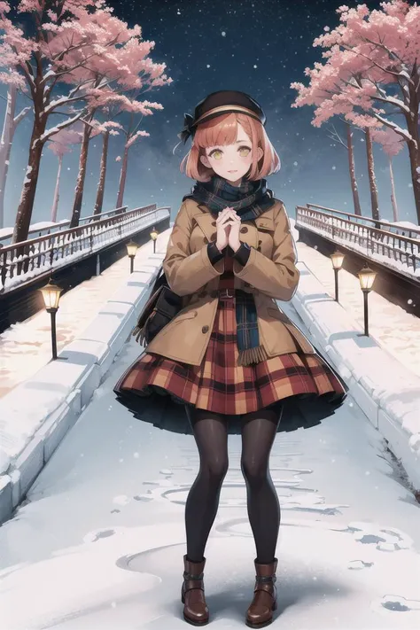 (Highest picture quality), (Master's work), (ultra-detailed), (Detailed eye description:1.2), masterpiece, best quality, 1girl, warm atmosphere, <lora:CHAR-HarukaNanami:0.8> HarukaNanami, short hair, looking at viewer, full body, outdoors, male focus, scarf, coat, brown footwear, own hands together, snow, snowing, winter clothes