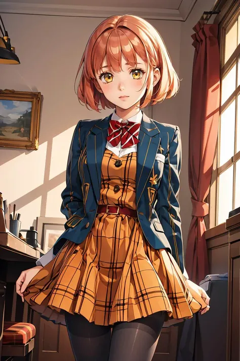 (masterpiece, best quality), 1girl, <lora:HarukaNanami:0.8> HarukaNanami, short hair, HarukaNanami, short hair, plaid dress, blue blazer, red bowtie, black pantyhose,