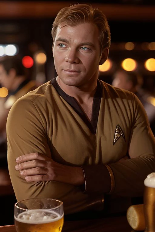 photo of james-kirk at a bar, drinking a beer, bokeh background, high detailed skin, best quality, high quality, highres, 8k, photo realistic, raw photo, cannon, nikon, studio lighting, <lora:n47-v1-tos-jim-kirk-2260s:0.9>