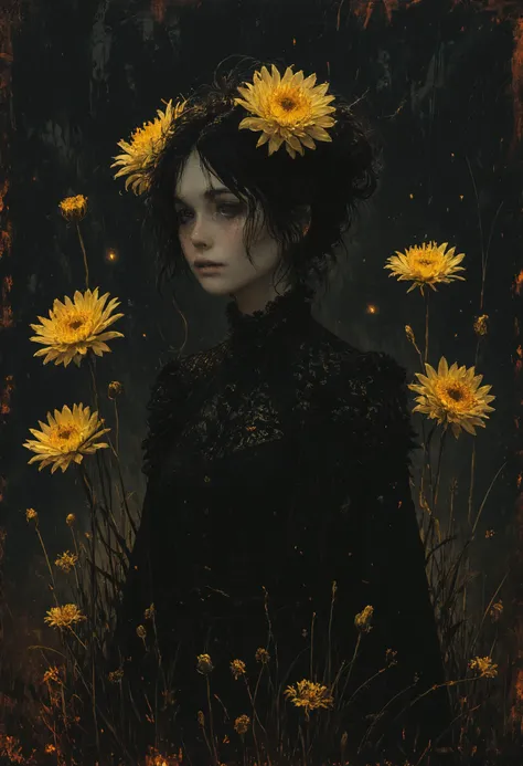 an army of fiends she put chrysanthemums and daffodils in the burnt end of they crack stems, <lora:Misty_Vintage:0.8>, <lora:add-detail-xl:0.8>, Twilight Light, <lora:Bio-Luminescence:0.8> bioluminescent, glowing