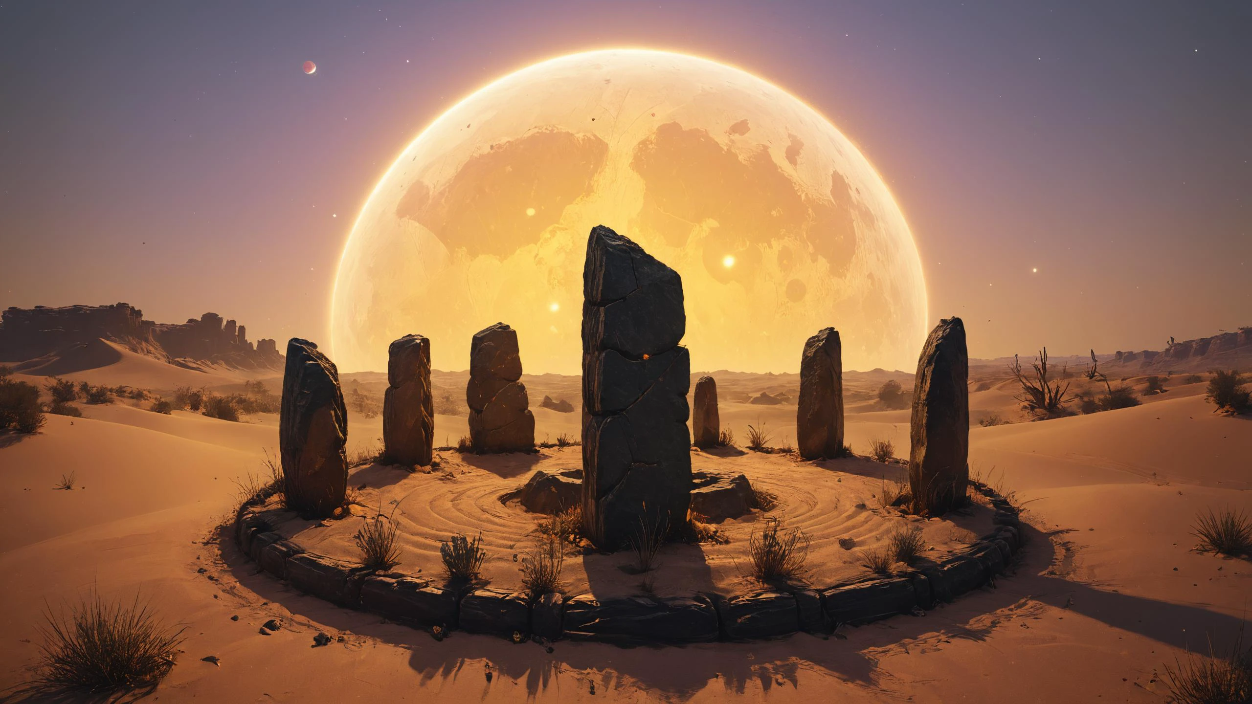 photorealistic detailed digital illustration of a circle of mad_colorful_checkers standing stones, Singing sand dunes resonating with cosmic melodies in the background, great lighting, 8K resolution, octane render, 3D, brilliantly coloured, intricate, ultra wide angle, trending on artstation, embers, smoke, dust, dusk, volumetric lighting, HDR, polished, micro details, ray tracing, 8k <lora:Colorful_Checker_SDXL:0.8> <lora:great_lighting:0.8> <lora:Misty_Vintage:0.8>
