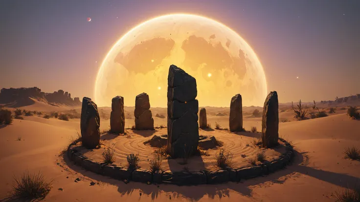 photorealistic detailed digital illustration of a circle of mad_colorful_checkers standing stones,  Singing sand dunes resonating with cosmic melodies in the background, great lighting, 8K resolution, octane render, 3D, brilliantly coloured, intricate, ultra wide angle, trending on artstation, embers, smoke, dust, dusk, volumetric lighting, HDR, polished, micro details, ray tracing, 8k <lora:Colorful_Checker_SDXL:0.8>  <lora:great_lighting:0.8> <lora:Misty_Vintage:0.8>