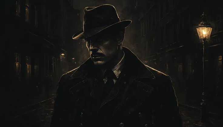 impactful paint of a detective under a light in a dark street <lora:Misty_Vintage:0.7>, highly detailed, 8k, sharp, professional, clear, high contrast, high saturated, , vivid deep blacks, crystal clear