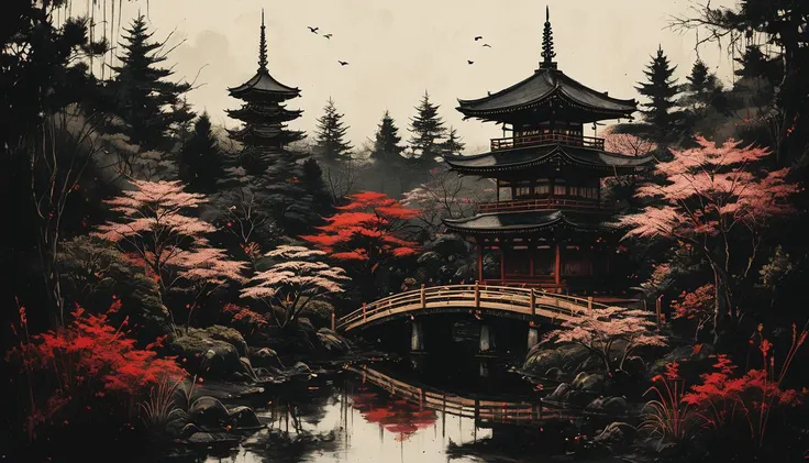 impactful paint of a Japan garden <lora:Misty_Vintage:0.7>, highly detailed, 8k, sharp, professional, clear, high contrast, high saturated, , vivid deep blacks, crystal clear