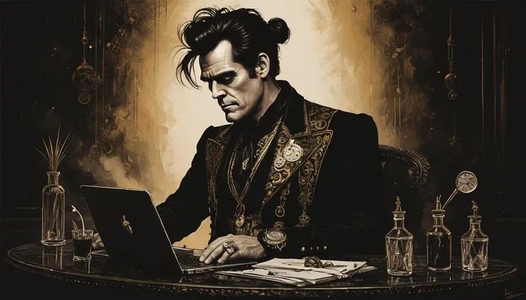 impactful paint of Steampunk Jim  Carey as Ace Ventura working on a laptop    <lora:Misty_Vintage:0.6>,    highly detailed,   8k,   sharp,  professional, clear,   high contrast, high saturated, , vivid deep blacks, crystal clear