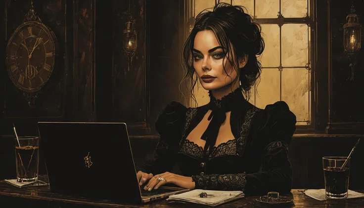 impactful paint of Steampunk Margot Robbie working on a laptop <lora:Misty_Vintage:0.6>, highly detailed, 8k, sharp, professional, clear, high contrast, high saturated, , vivid deep blacks, crystal clear