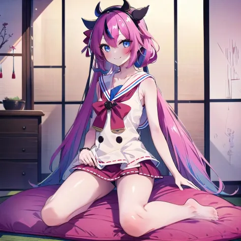 (masterpiece, best quality:1.2), girl, 1girl, (meikahime), (solo), blue eyes, twintails, pink blue multicolored very long gradient hair, hair flaps, black horn hairband, bracelet, white sailor collar, white sleeveless shirt, black buttons, red bowtie, (red hakama miniskirt:1.2), bare shoulders, smile, blush, from below, full body, indoor, japanese bedroom, futon, lap pillow invitation, <lora:MeikaHime_2:1>